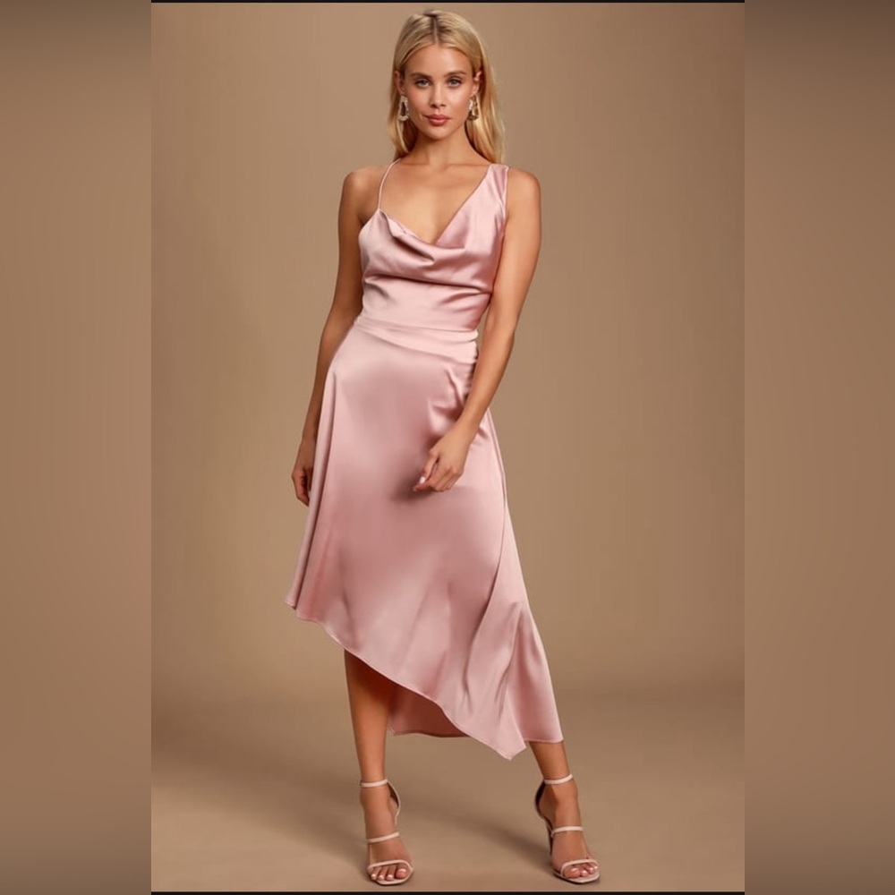 Lulu’s NWT Sereno Mauve Pink Satin Cowl Neck Asymmetrical Midi Dress